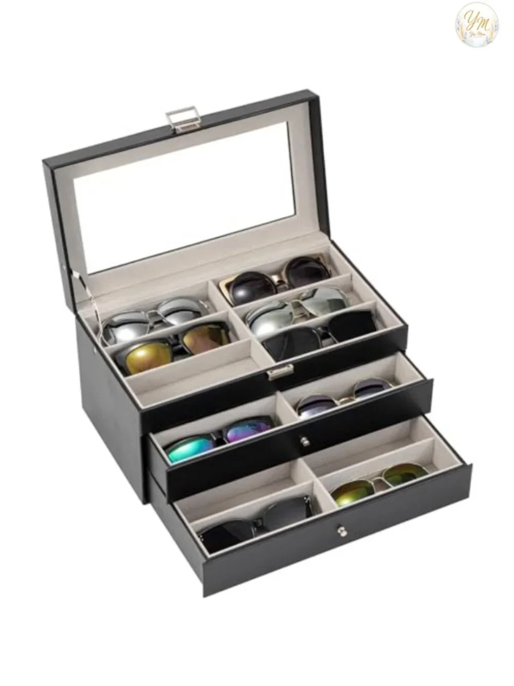 18-Slot 3-Layer Sunglasses Organizer PU Leather Eyewear Storage Box